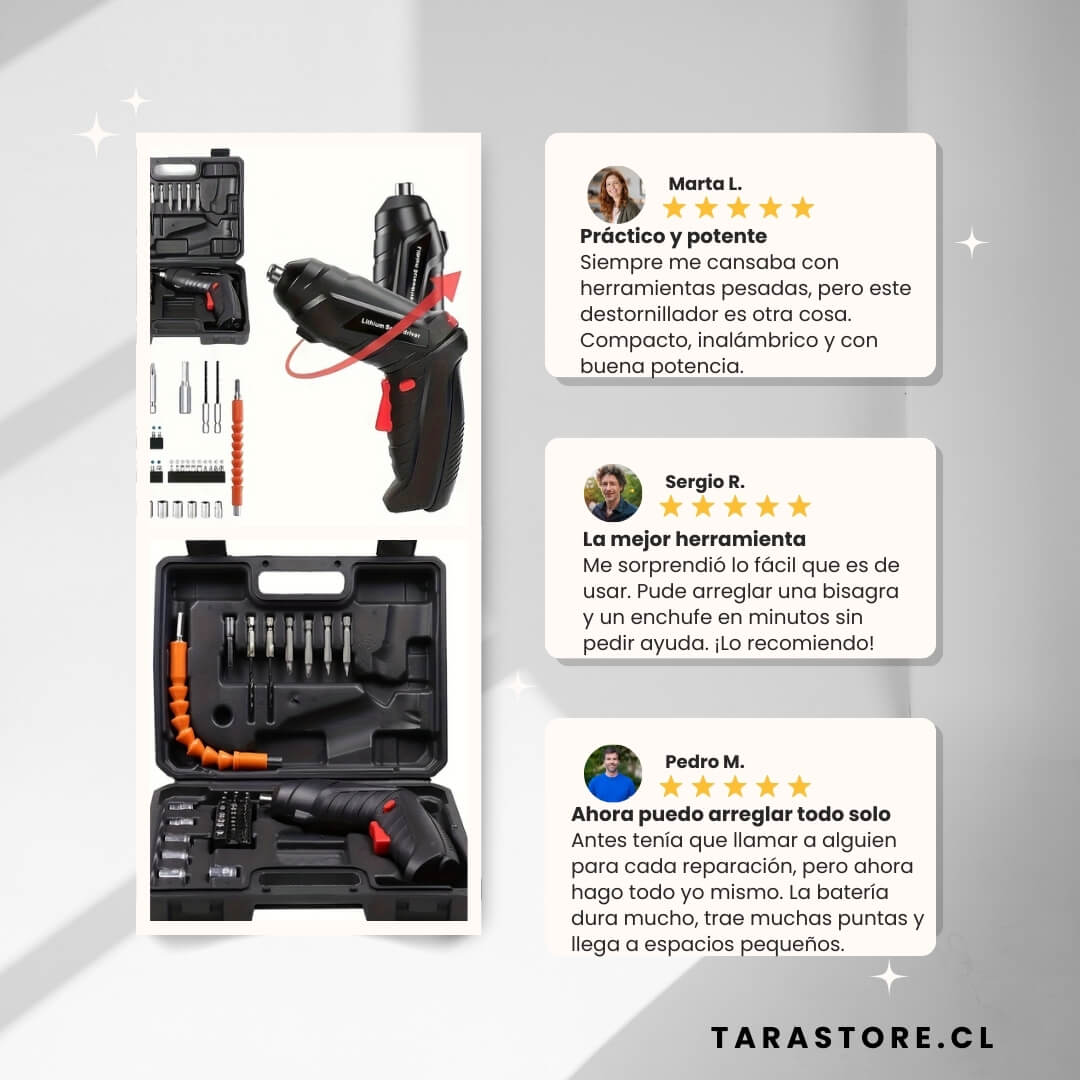 Taladro Destornillador Inalámbrico + Kit de Accesorios Todo en Uno