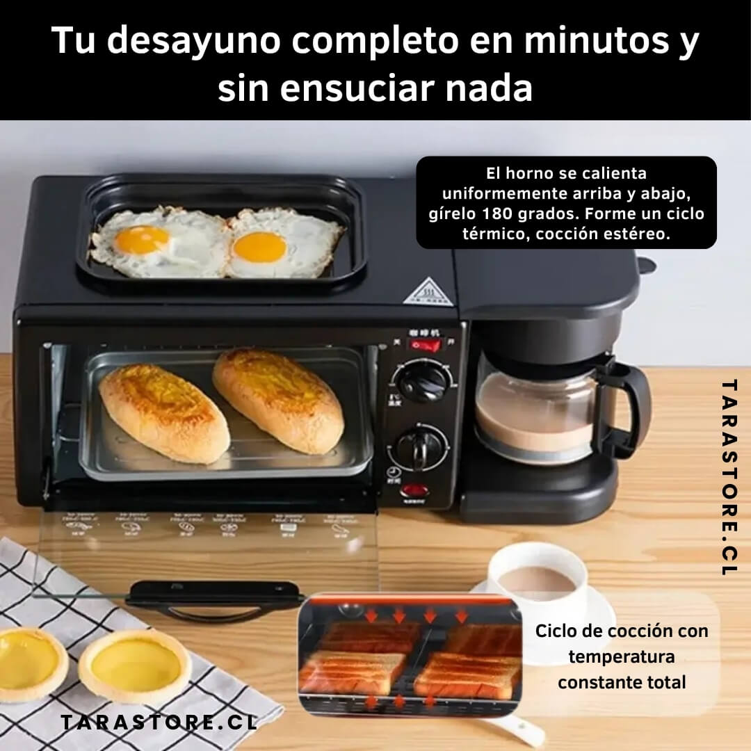 Estación de Desayuno Eléctrica 3 en 1 Café, Horno y Sartén