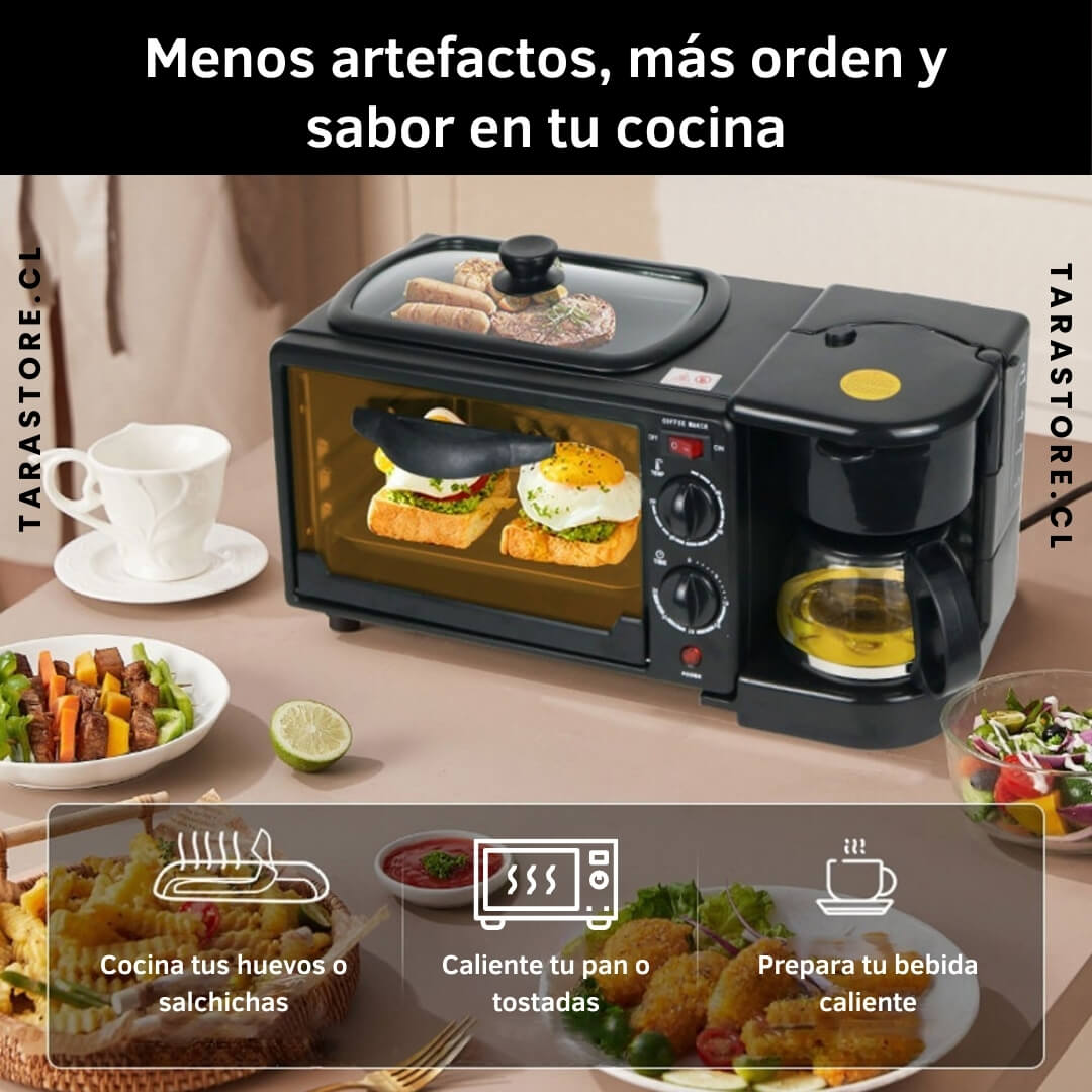 Estación de Desayuno Eléctrica 3 en 1 Café, Horno y Sartén