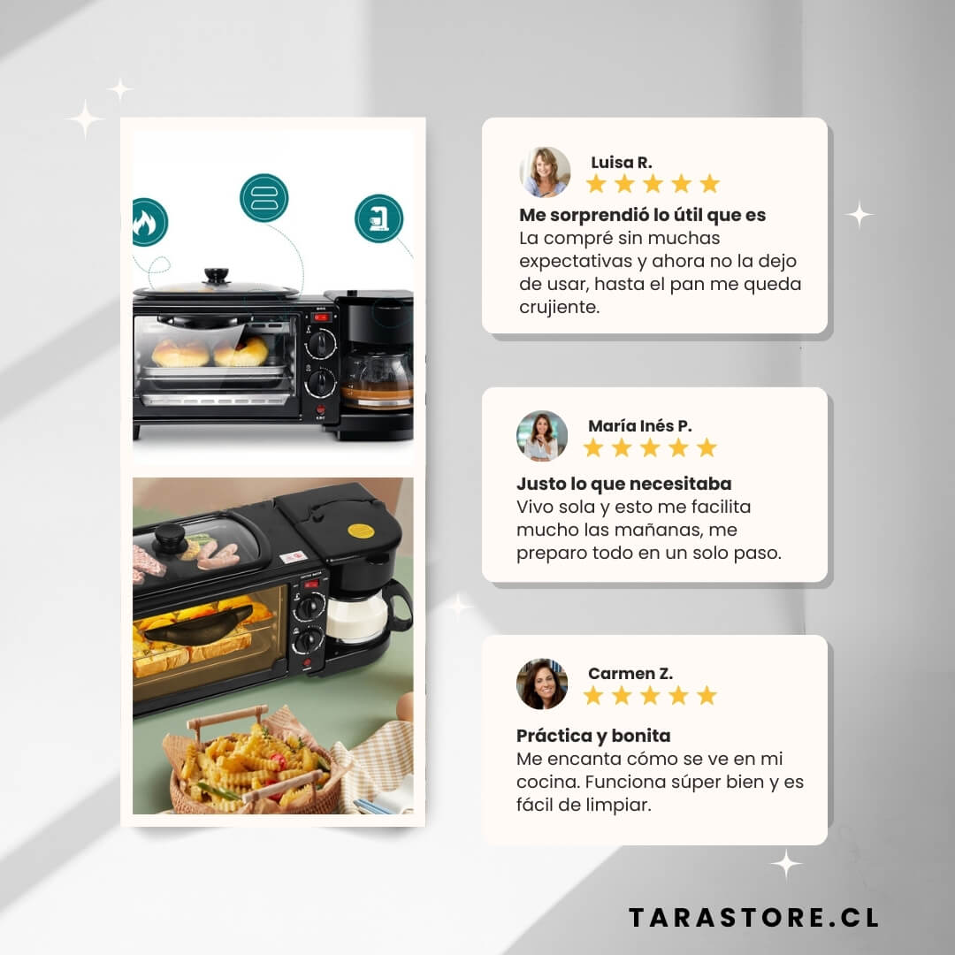 Estación de Desayuno Eléctrica 3 en 1 Café, Horno y Sartén