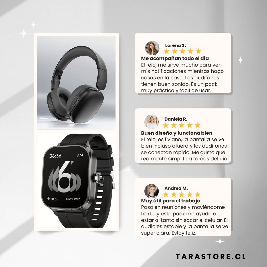 Súper Pack Smartwatch + Audífonos Bluetooth - Estilo, Potencia y Conectividad Total