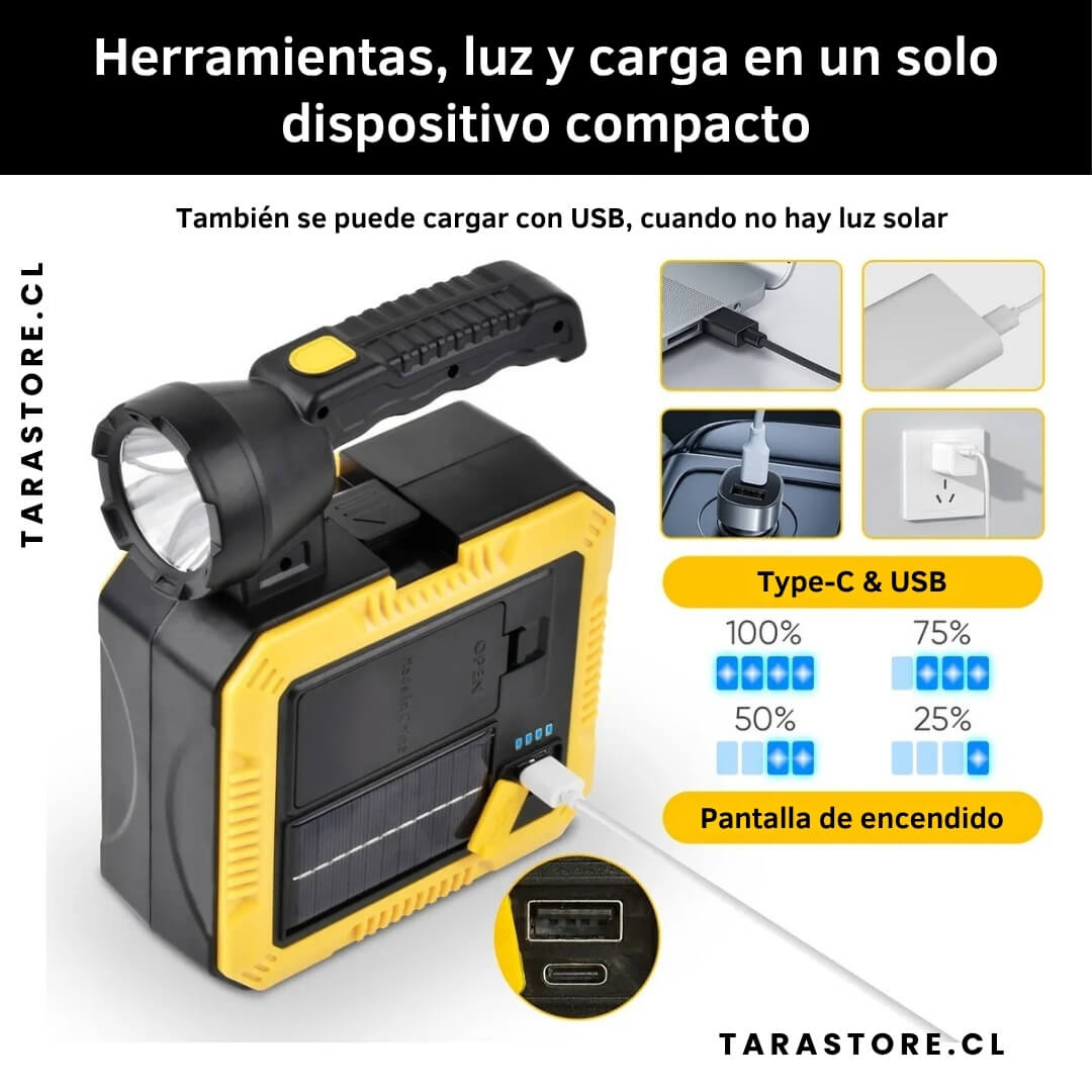 Linterna Solar Power Bank + Kit Herramientas Todo en Uno