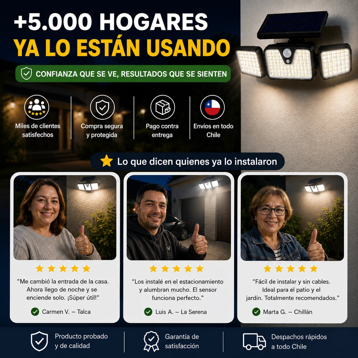Foco Solar Triple con Sensor de Movimiento — Ilumina Sin Cables ni Electricidad | Pack 2 Unidades