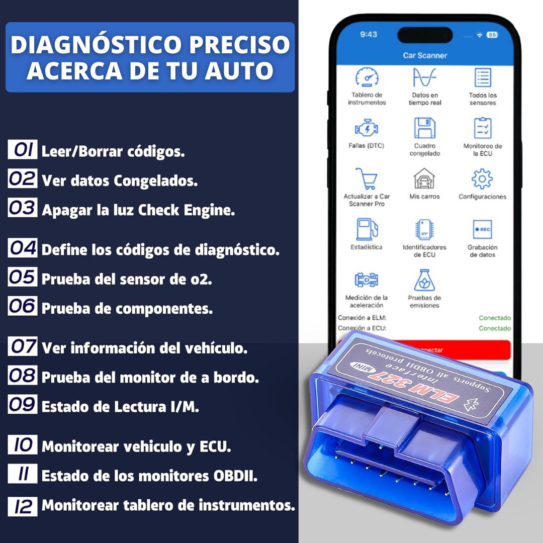 Scanner automotriz Bluetooth OBD 2 Incluye Manual de Uso