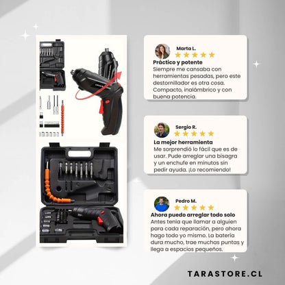 Taladro Destornillador Inalámbrico + Kit de Accesorios Todo en Uno