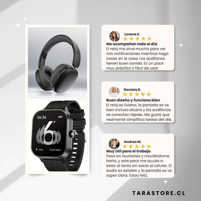 Súper Pack Smartwatch + Audífonos Bluetooth - Estilo, Potencia y Conectividad Total