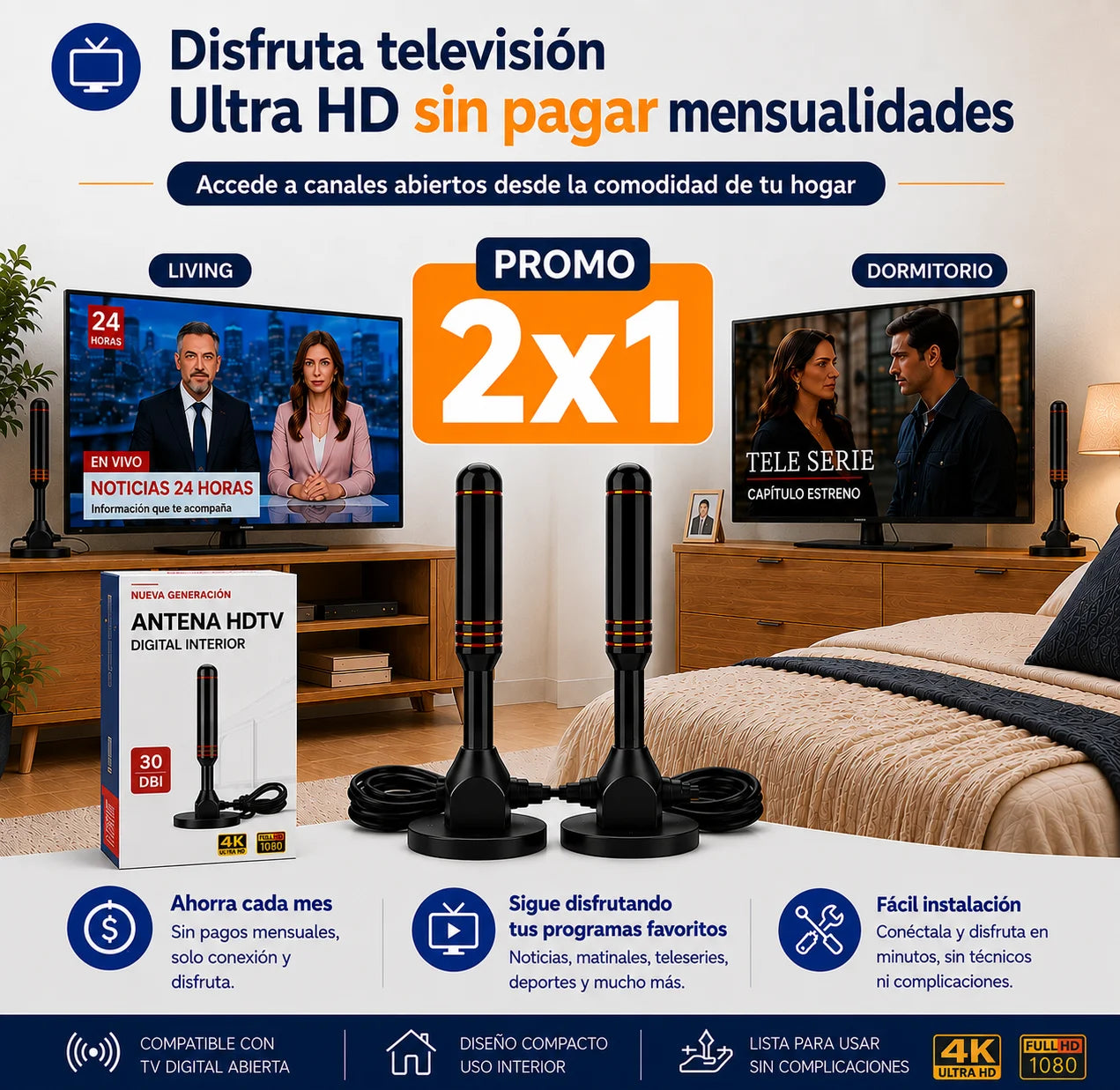 Antena Digital TV Ultra HD — Canales Gratis Sin Mensualidades | Promo 2x1