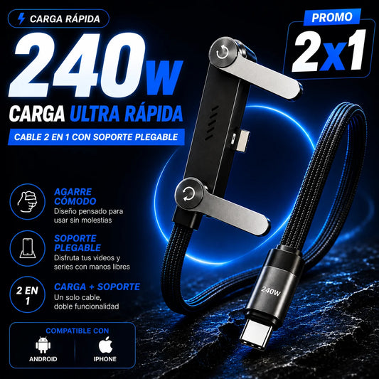 Promo 2x1 Cable Carga Rápida Premium con Soporte — Úsalo Sin que el Conector te Moleste