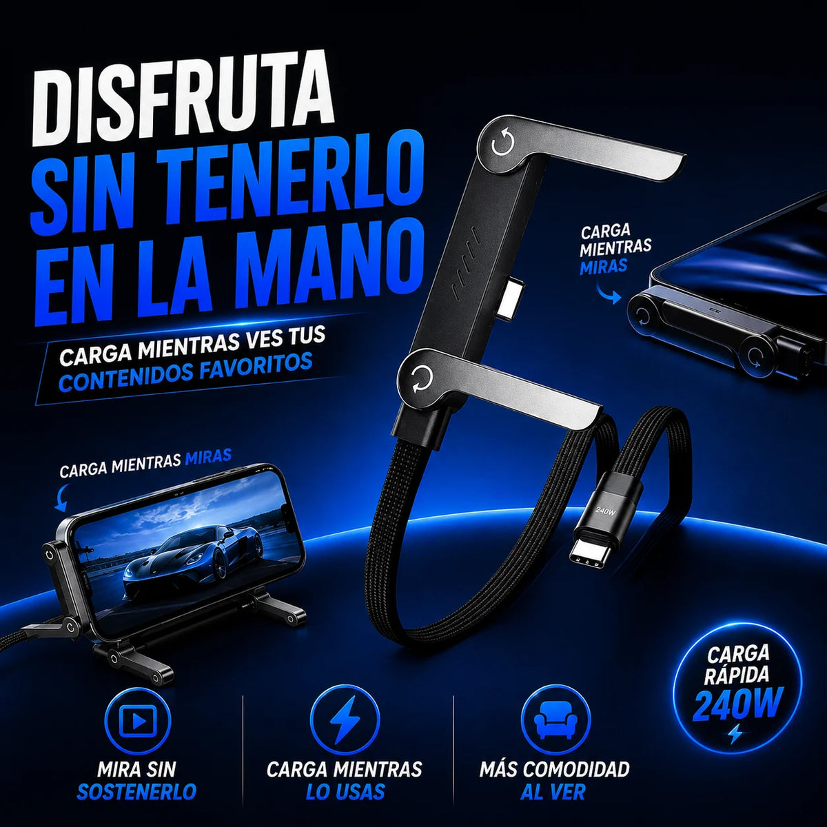 Promo 2x1 Cable Carga Rápida Premium con Soporte — Úsalo Sin que el Conector te Moleste