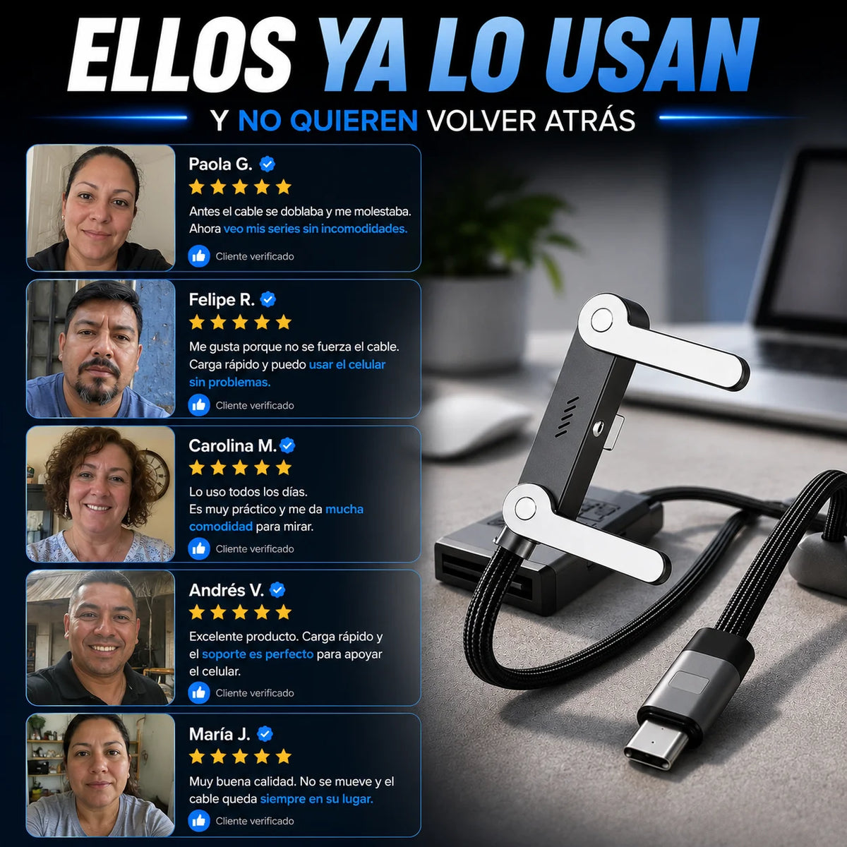 Promo 2x1 Cable Carga Rápida Premium con Soporte — Úsalo Sin que el Conector te Moleste