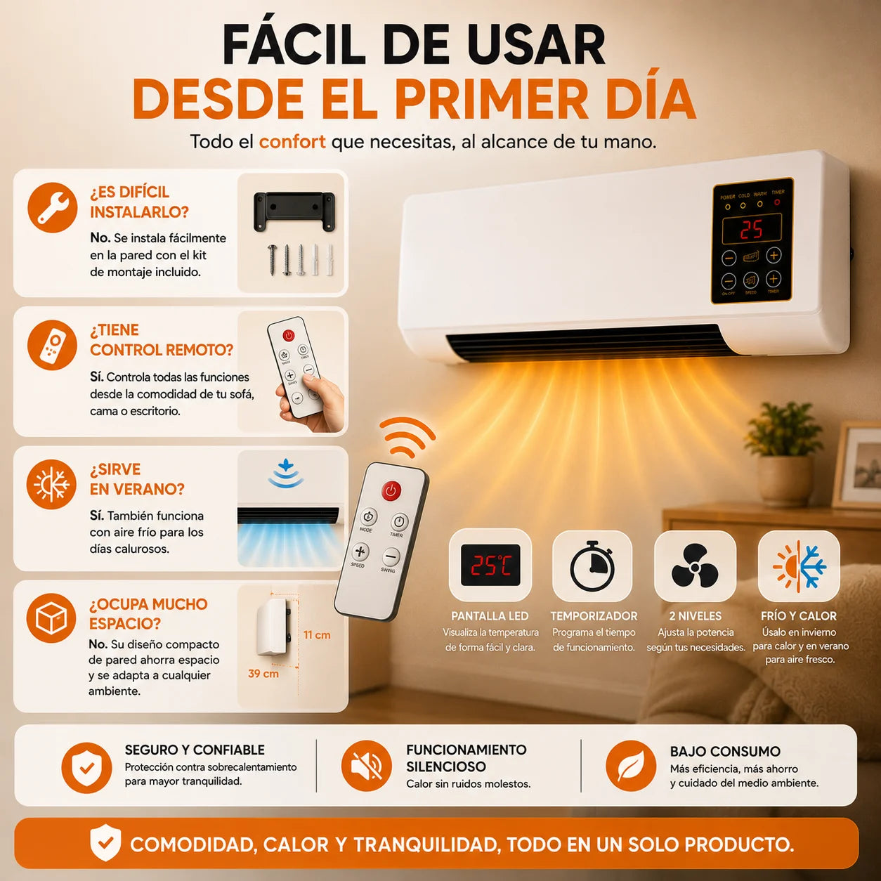 Calefactor Aire Acondicionado SmartHeat 2 en 1 — Calor Inmediato y Bajo Consumo Sin Instalación