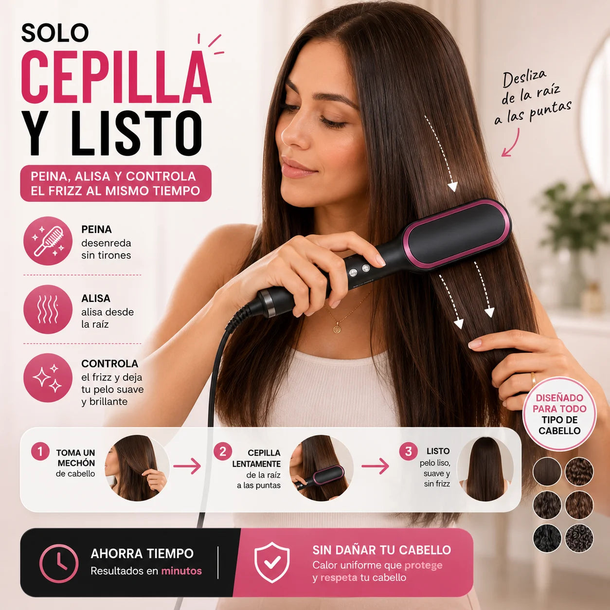 Cepillo Alisador 2 en 1 — Peina y Elimina el Frizz en un Solo Movimiento