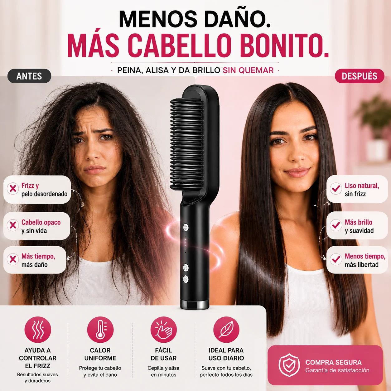 Cepillo Alisador 2 en 1 — Peina y Elimina el Frizz en un Solo Movimiento