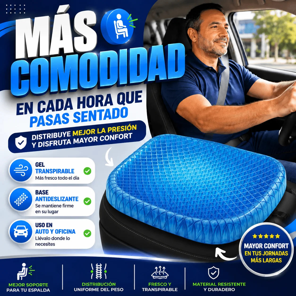 Cojín Ortopédico de Gel — Alivia Cadera, Coxis y Lumbar en Cualquier Asiento