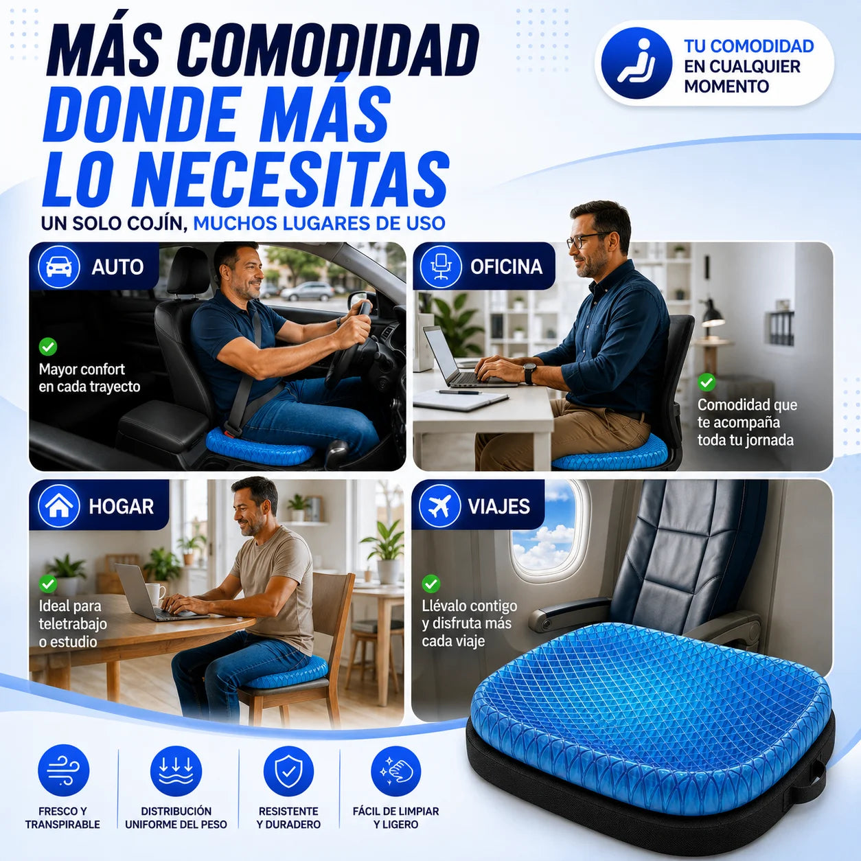 Cojín Ortopédico de Gel — Alivia Cadera, Coxis y Lumbar en Cualquier Asiento