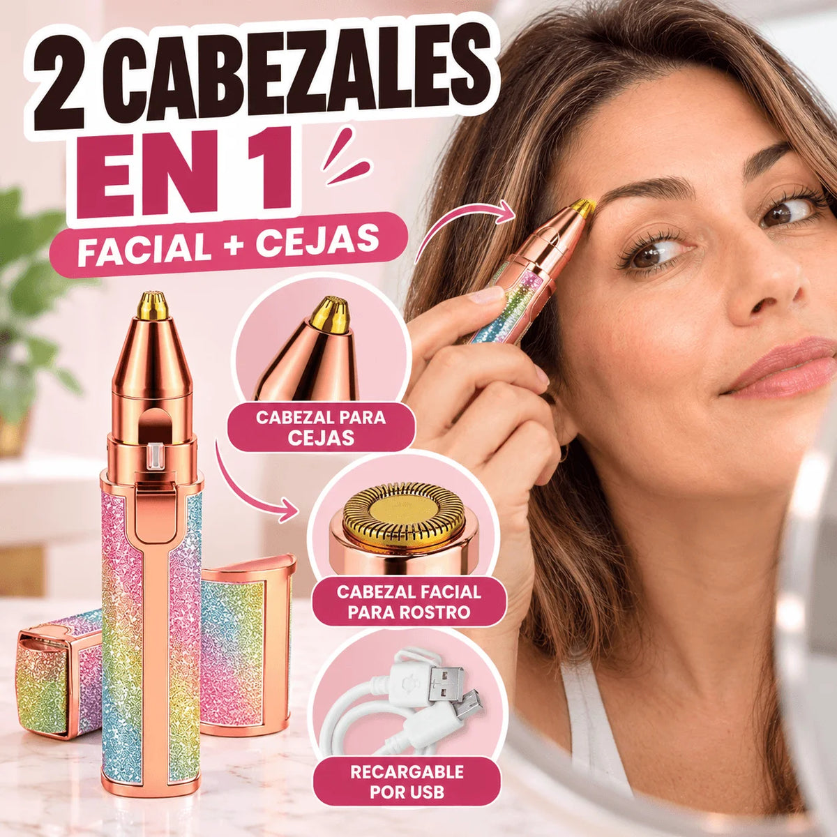Depiladora Facial 2 en 1 Recargable — Retoca Mentón, Bozo y Cejas Sin Pinzas