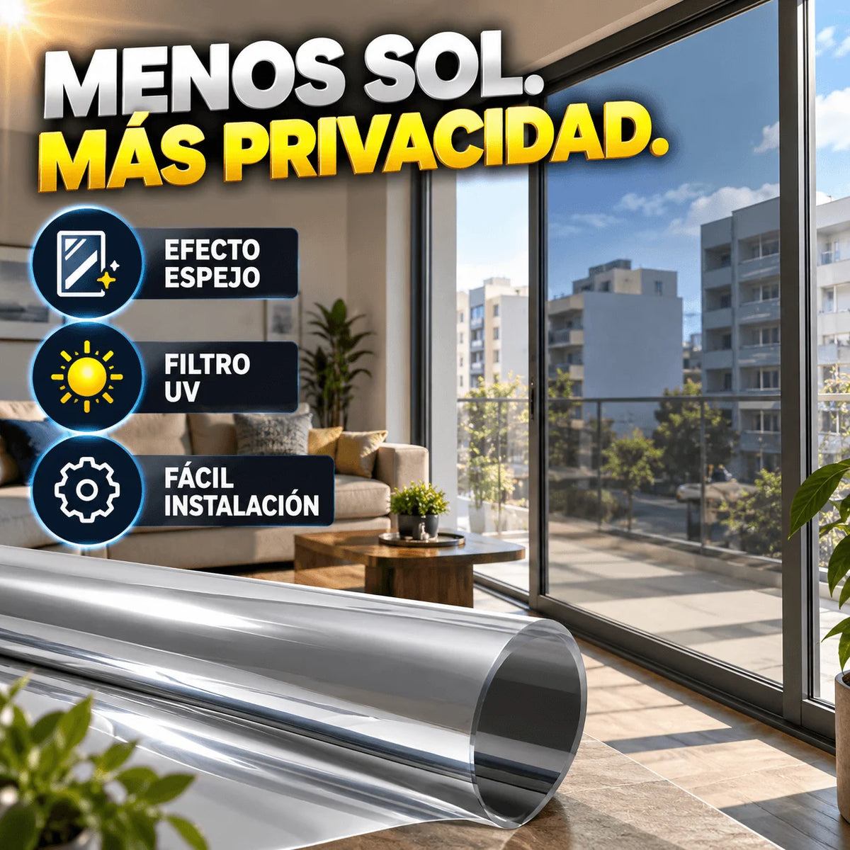 Film Polarizado UV Control Térmico y Privacidad Efecto Espejo 60cm X 5metros