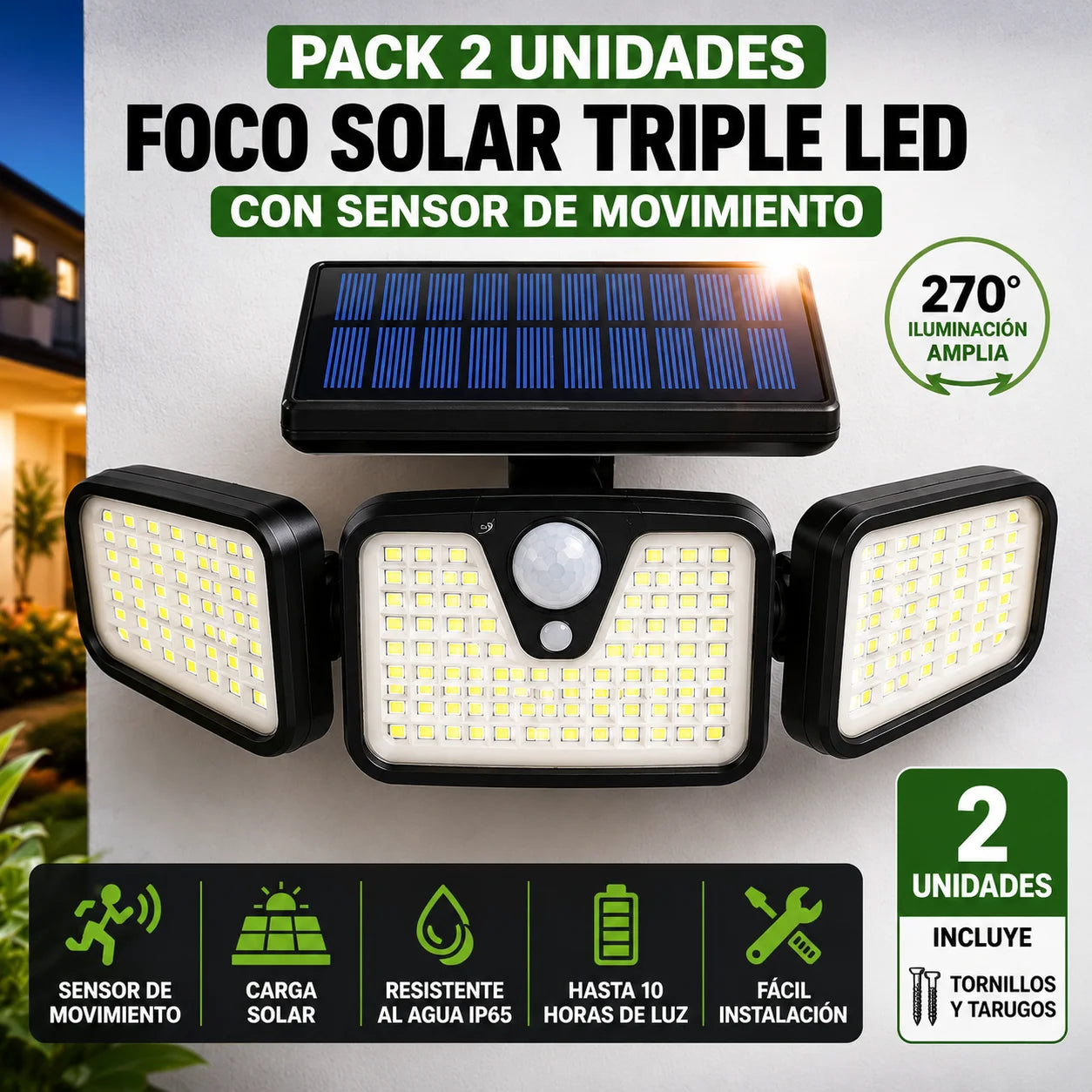 Foco Solar Triple con Sensor de Movimiento — Ilumina Sin Cables ni Electricidad | Pack 2 Unidades