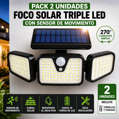 Foco Solar Triple con Sensor de Movimiento — Ilumina Sin Cables ni Electricidad | Pack 2 Unidades