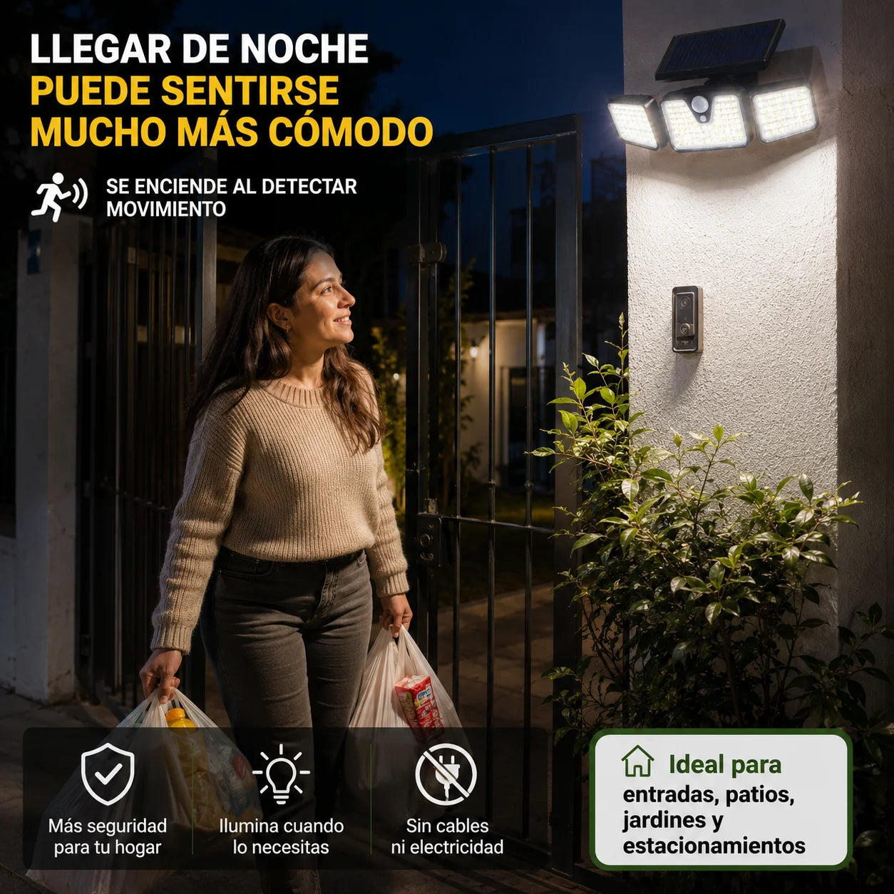 Foco Solar Triple con Sensor de Movimiento — Ilumina Sin Cables ni Electricidad | Pack 2 Unidades