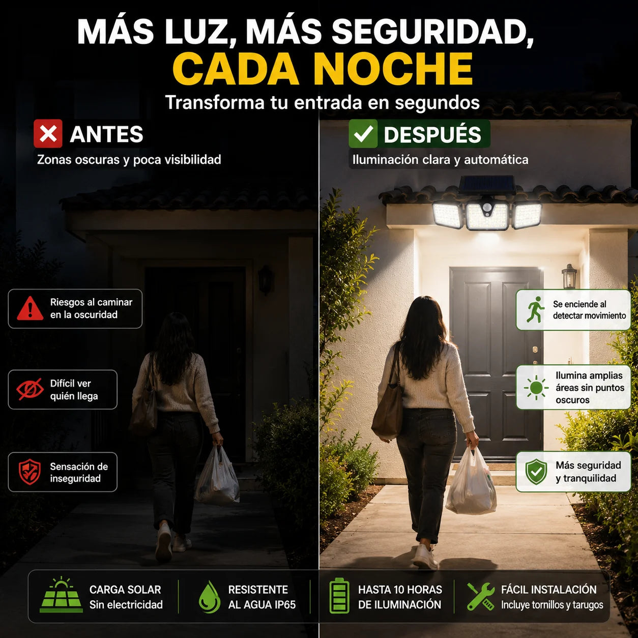 Foco Solar Triple con Sensor de Movimiento — Ilumina Sin Cables ni Electricidad | Pack 2 Unidades