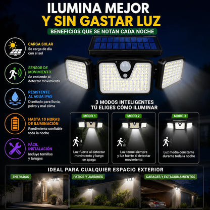 Foco Solar Triple con Sensor de Movimiento — Ilumina Sin Cables ni Electricidad | Pack 2 Unidades