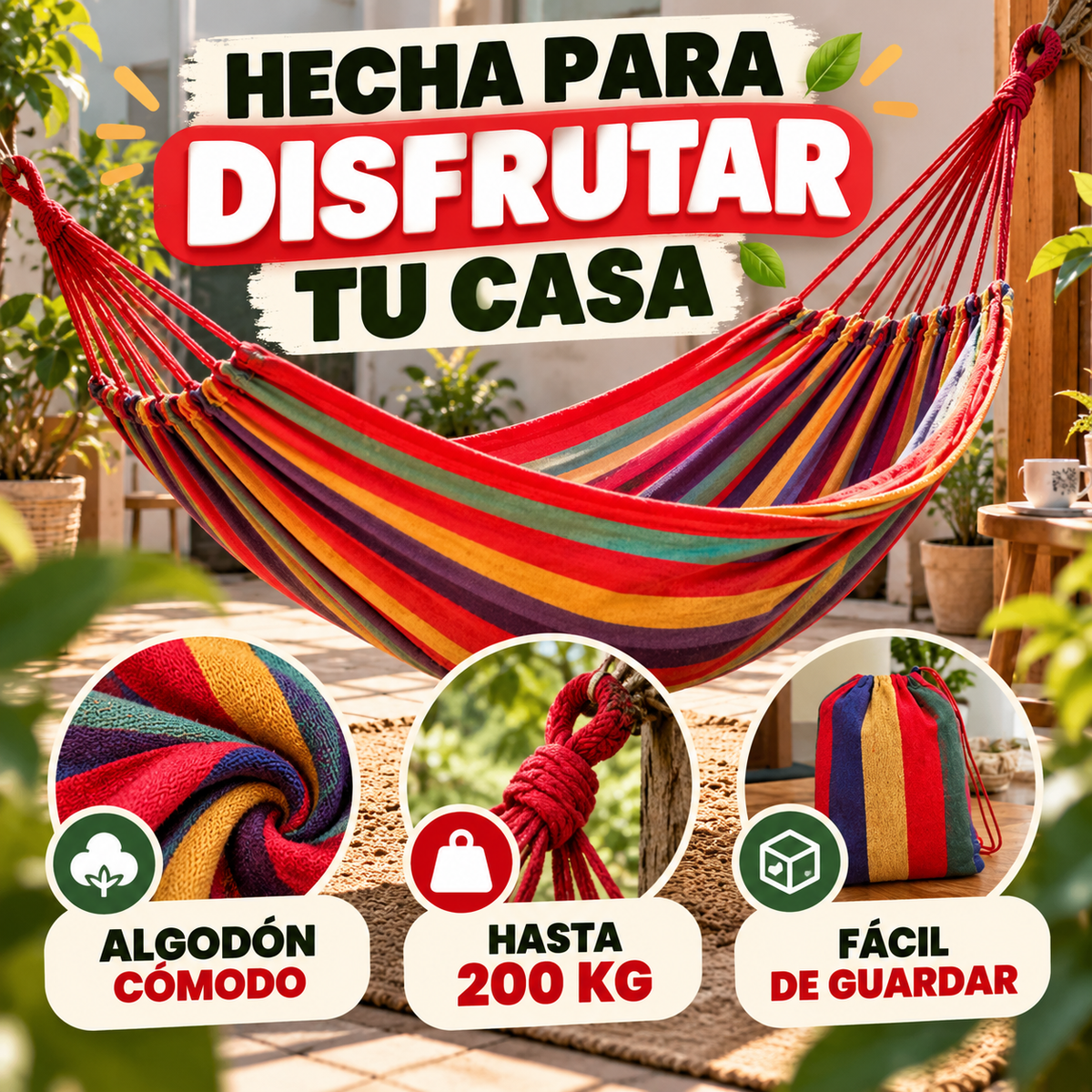 Hamaca Colgante de Algodón 75x195 cm  — Tu lugar de descanso en casa