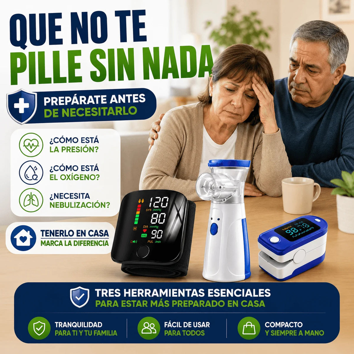 Kit Médico Salud Segura — Tensiómetro, Oxímetro y Nebulizador para Tener en Casa