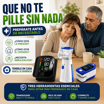 Kit Médico Salud Segura — Tensiómetro, Oxímetro y Nebulizador para Tener en Casa