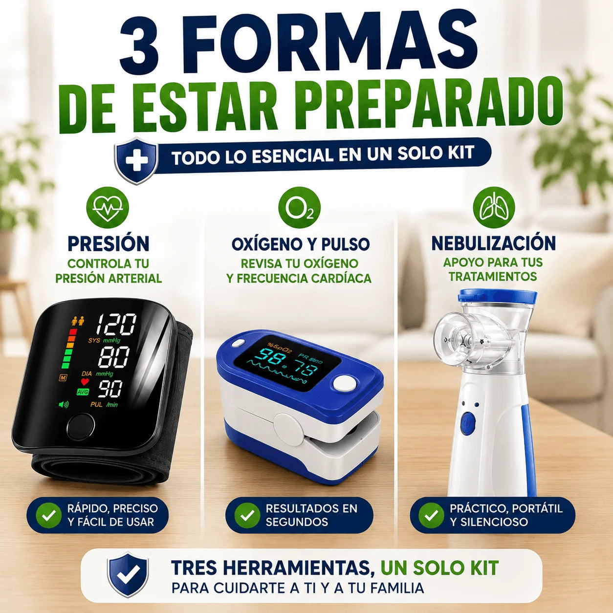 Kit Médico Salud Segura — Tensiómetro, Oxímetro y Nebulizador para Tener en Casa