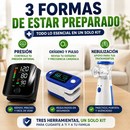 Kit Médico Salud Segura — Tensiómetro, Oxímetro y Nebulizador para Tener en Casa