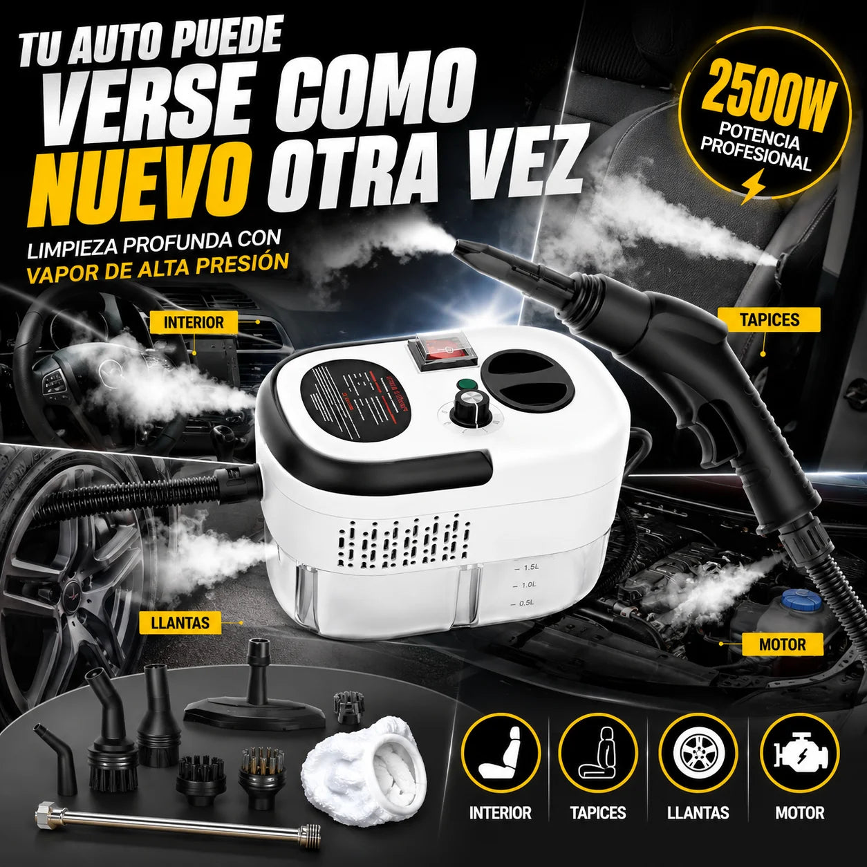 Maquina de Limpieza A Vapor - Deja Tu Auto Como Nuevo 2500W Potencia