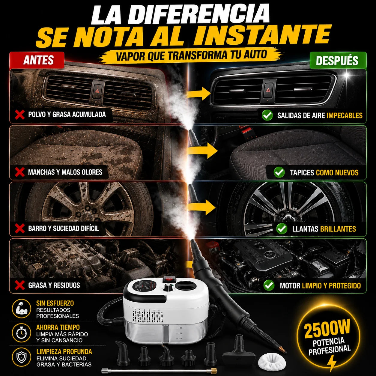 Maquina de Limpieza A Vapor - Deja Tu Auto Como Nuevo 2500W Potencia