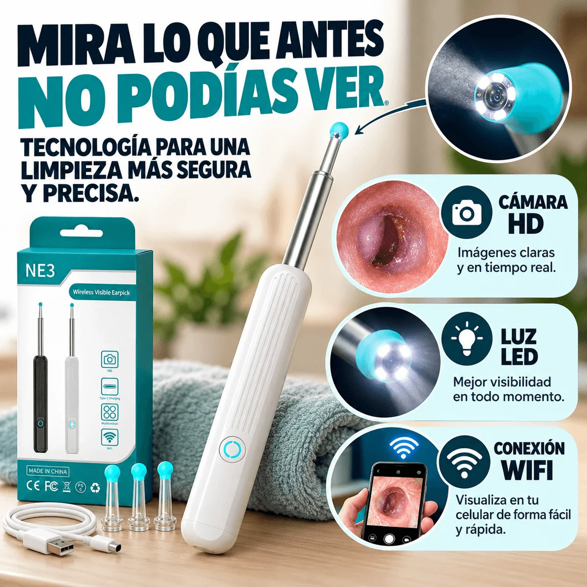 Otoscopio WiFi con Cámara HD y Luz LED — Deja de Limpiar tus Oídos a Ciegas