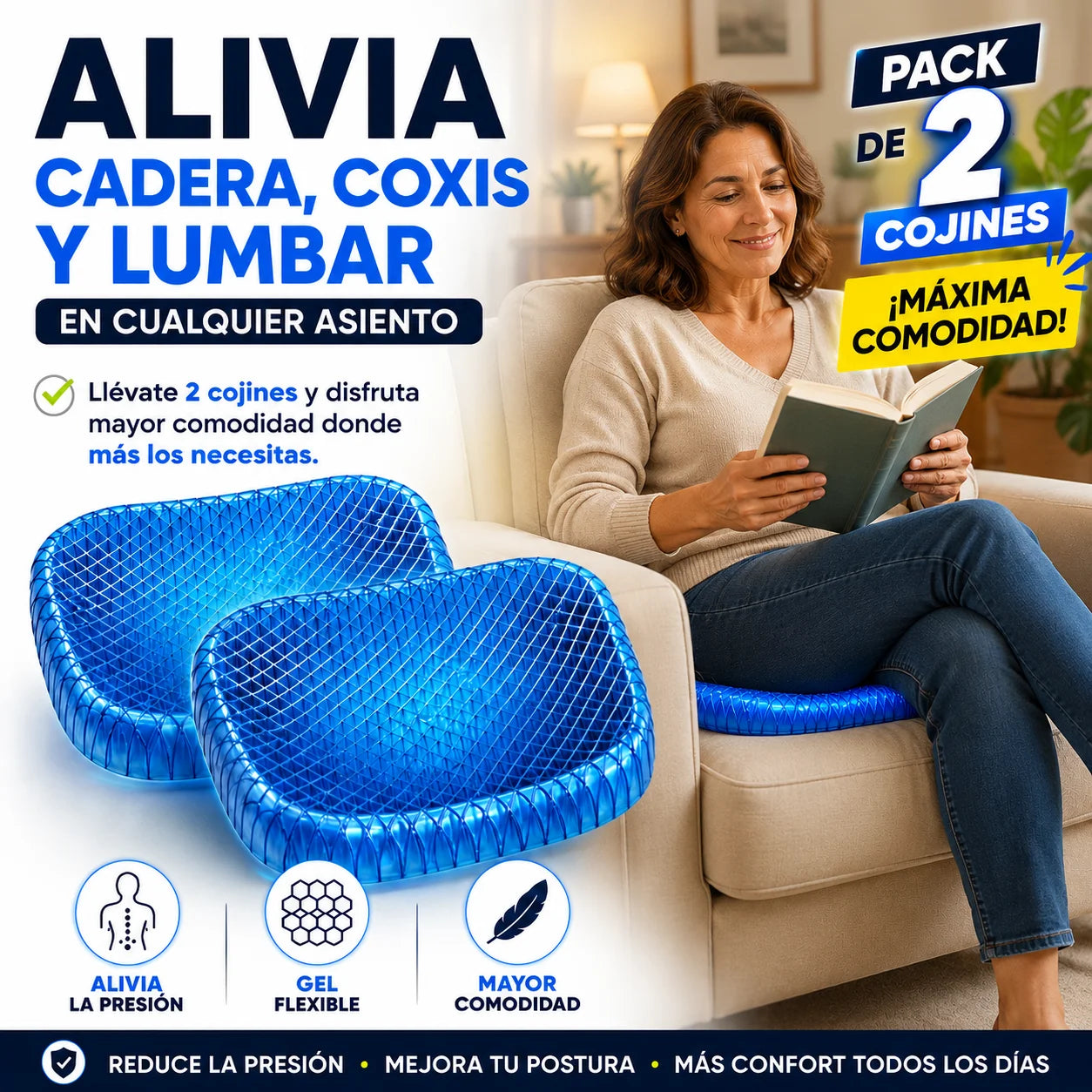 Pack 2 Cojines Ortopédicos de Gel — Alivia Cadera, Coxis y Lumbar en Cualquier Asiento
