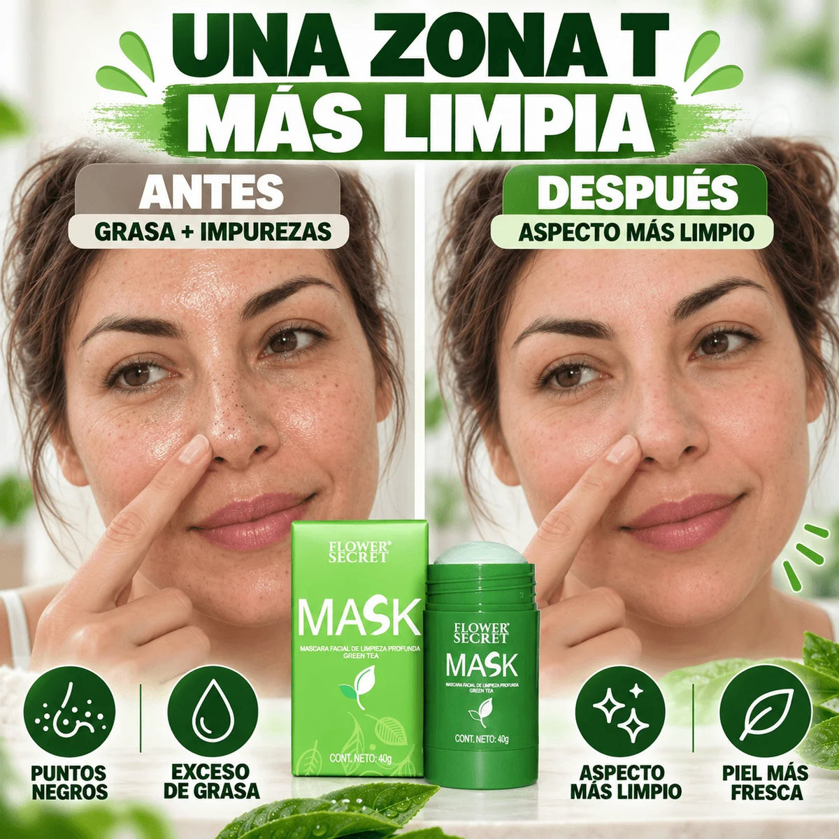 Mascarilla Stick de Té Verde — Limpieza Profunda Donde los Puntos Negros se Notan | Promo 2x1