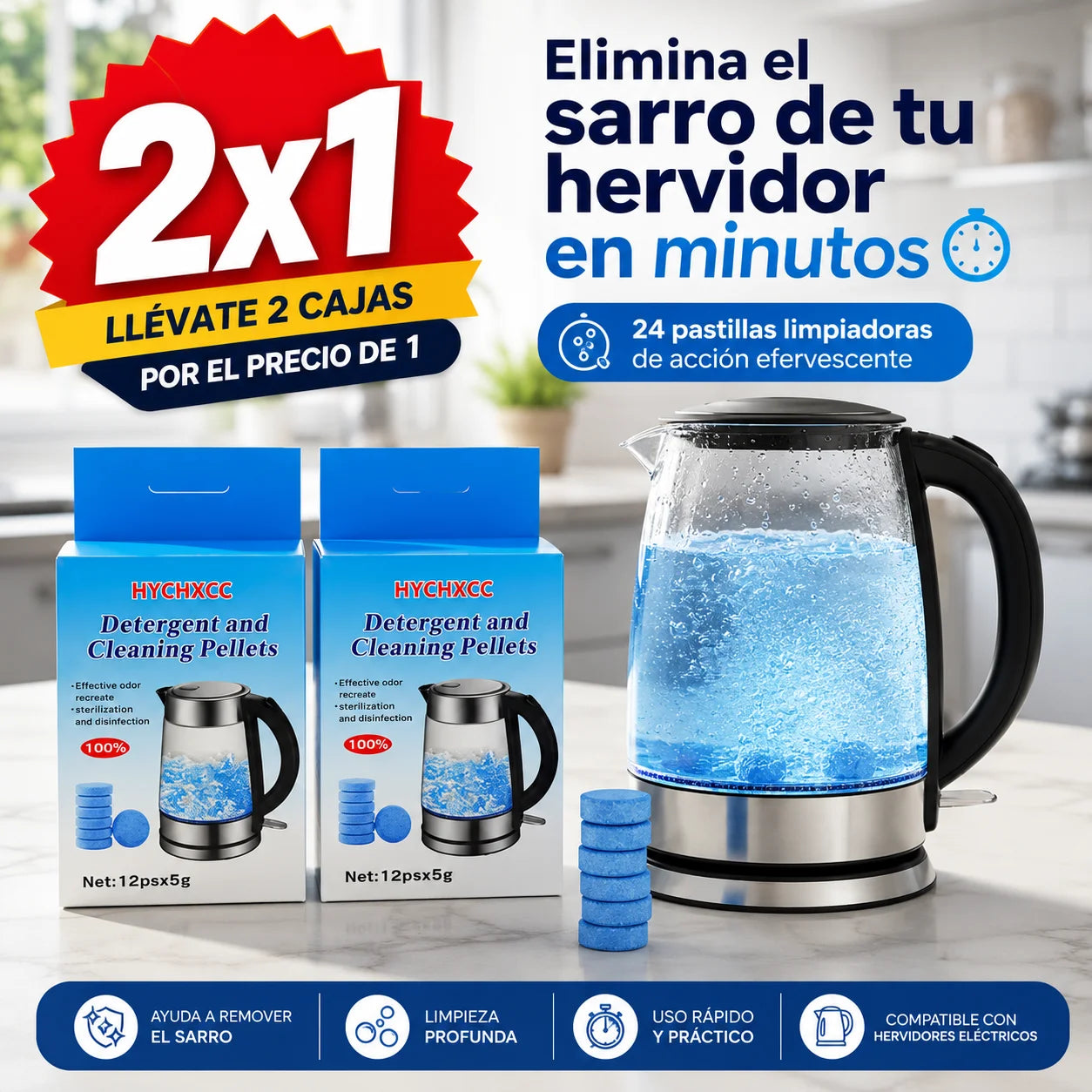 Pastillas Anti Sarro para Hervidor Tetera Termos — Pack 2x1 | 24 Pastillas