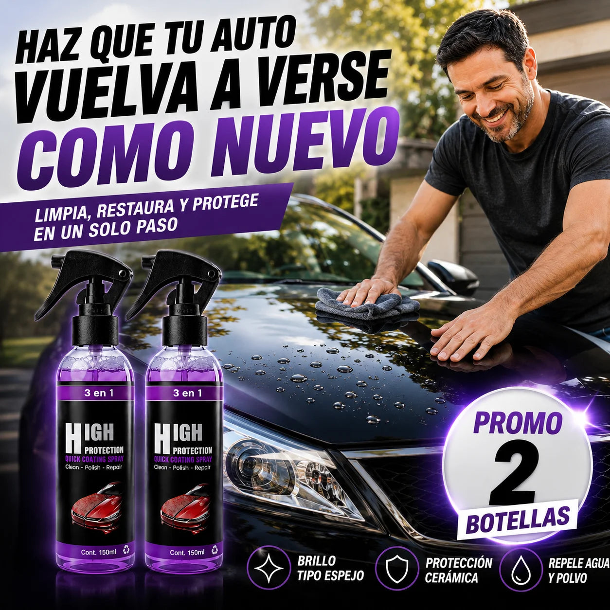 Protector Auto 3 En 1 Cera Cerámica Spray — Brillo Detailing en Minutos Pack 2 Botellas