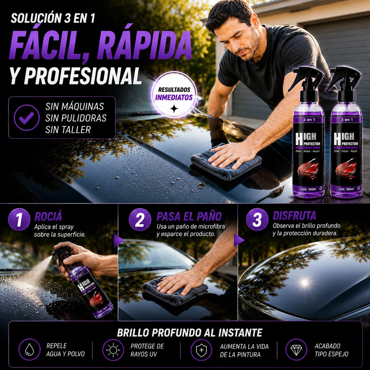 Protector Auto 3 En 1 Cera Cerámica Spray — Brillo Detailing en Minutos Pack 2 Botellas