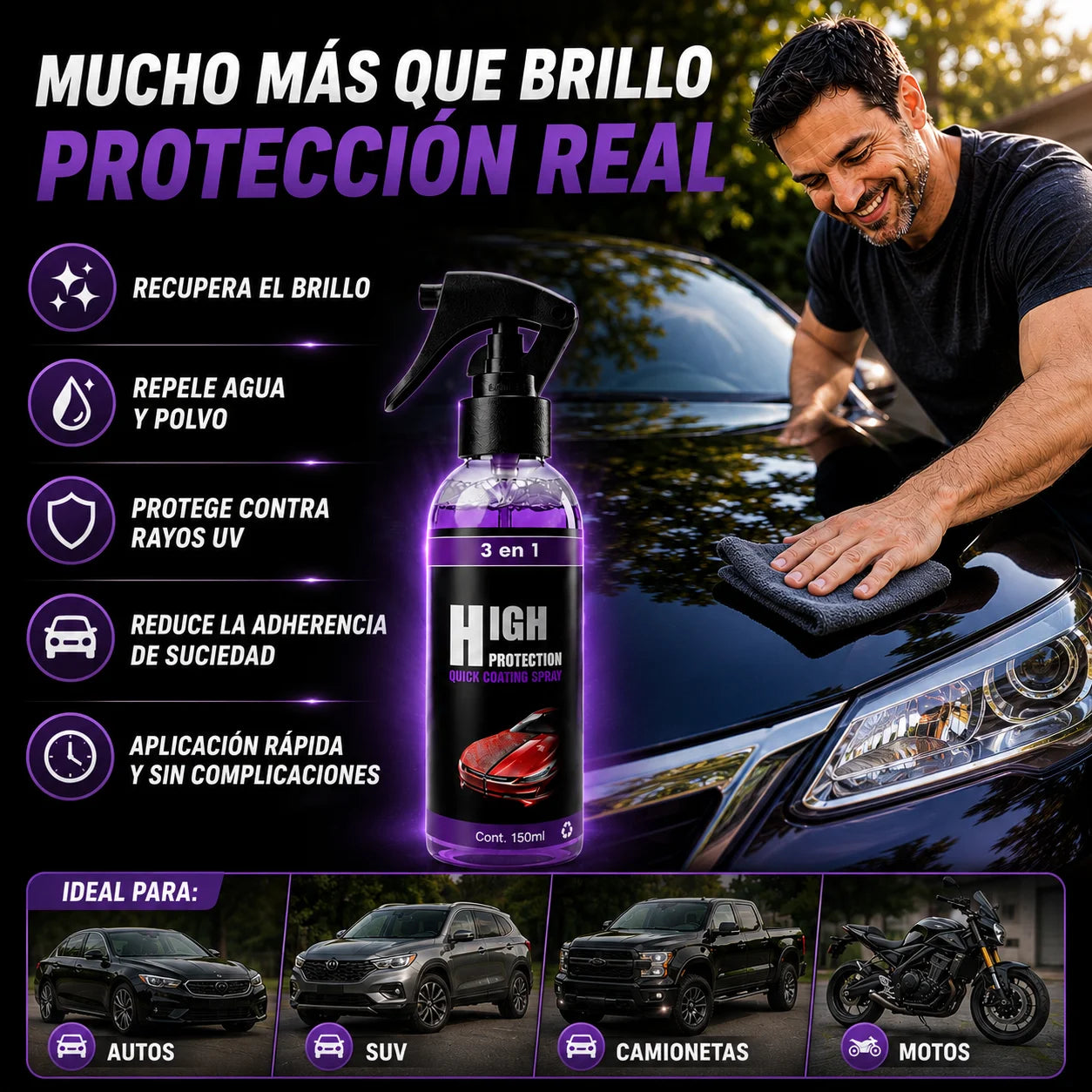 Protector Auto 3 En 1 Cera Cerámica Spray — Brillo Detailing en Minutos Pack 2 Botellas