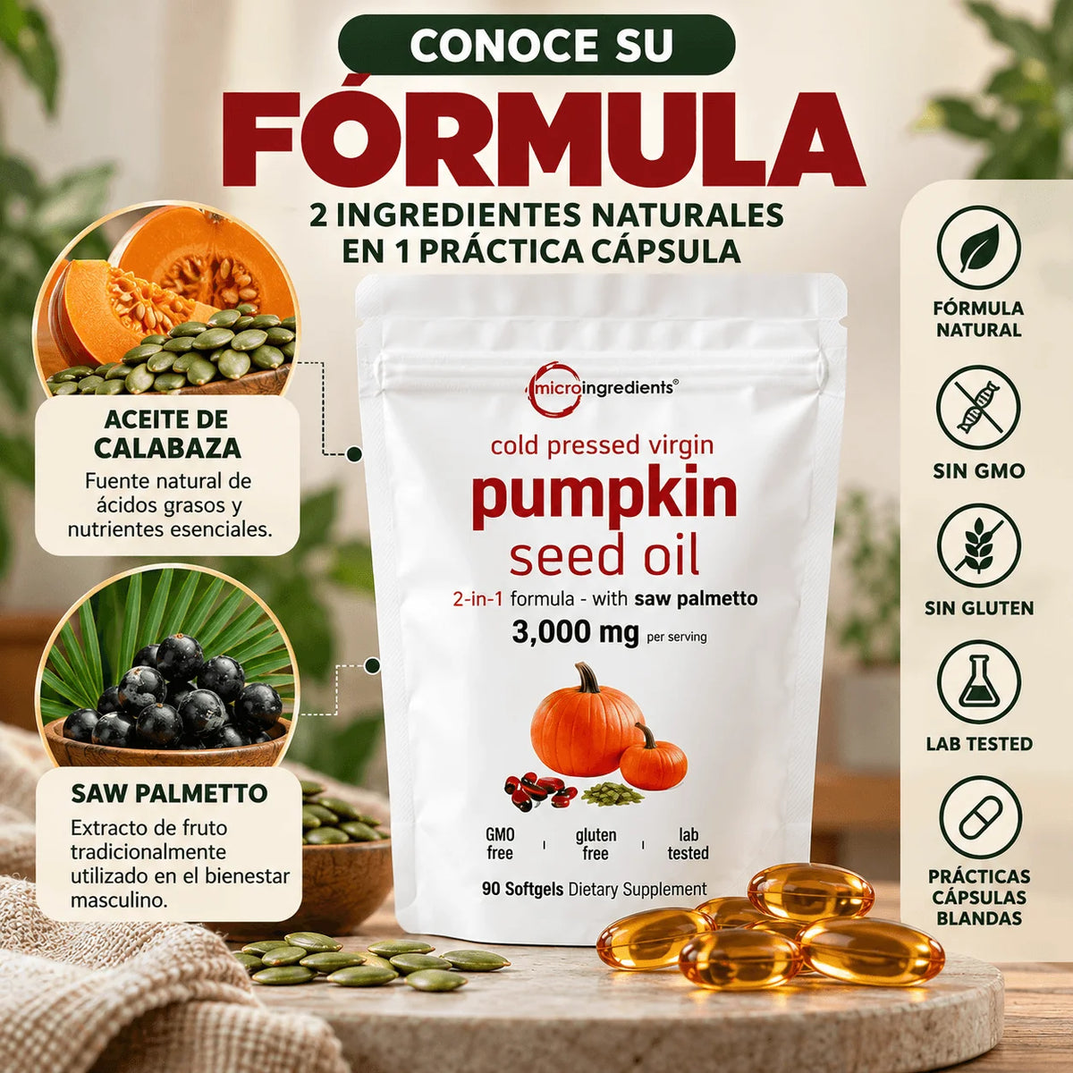 Pumpkin Seed Oil + Saw Palmetto — Cuidarse Después de los 50 es una Decisión | 90 Cápsulas