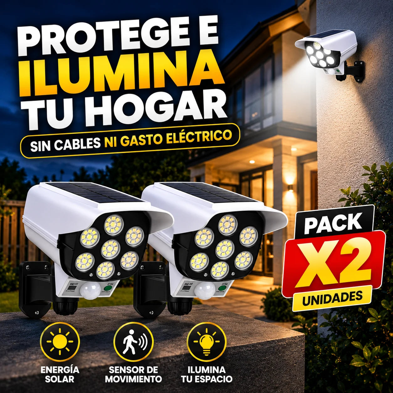 Promo 2 Foco Solar Disuasorio Tipo Cámara — Protege tu Hogar Sin Pagar de Más