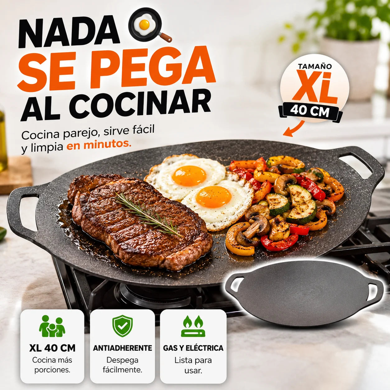 Plancha Antiadherente XL 40cm — Cocina Sin que Nada se Pegue Para Todos