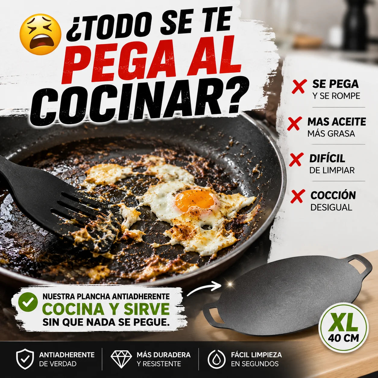 Plancha Antiadherente XL 40cm — Cocina Sin que Nada se Pegue Para Todos