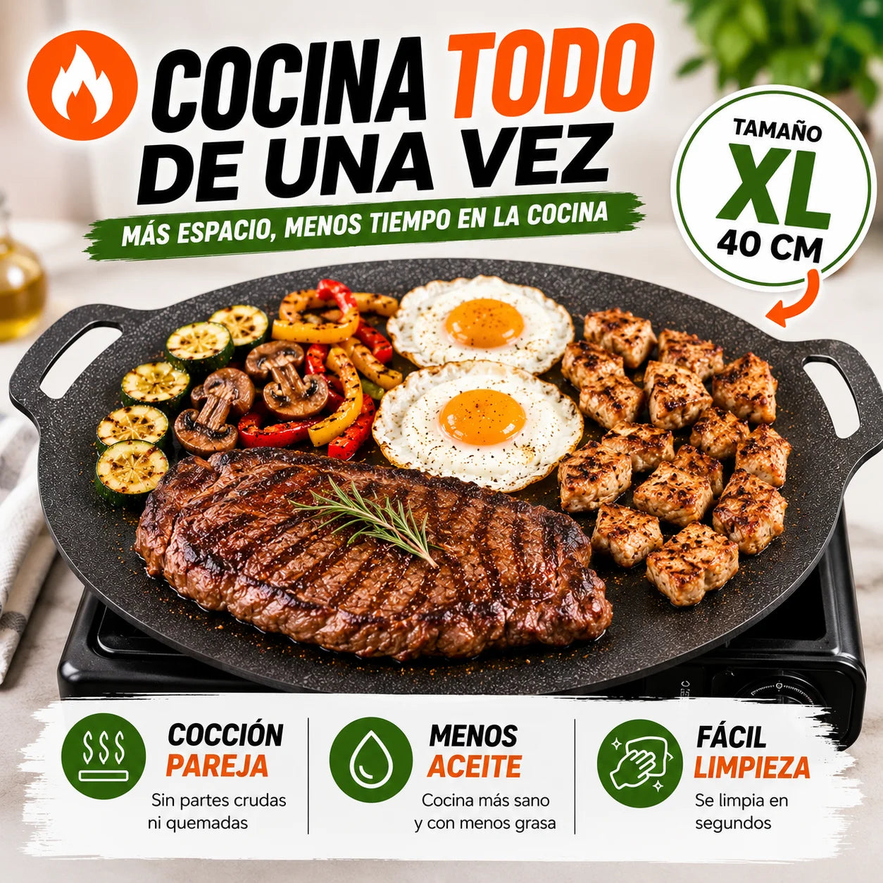 Plancha Antiadherente XL 40cm — Cocina Sin que Nada se Pegue Para Todos